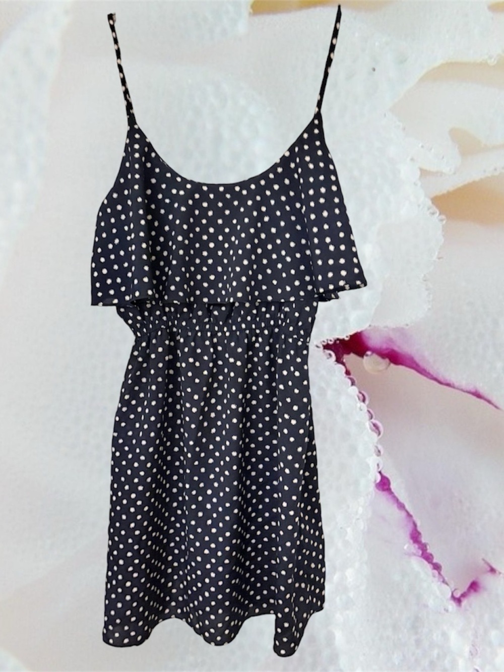 A'GACI Black/Cream Flirty Splotchy Dot Ruffle Mini Dress Medium